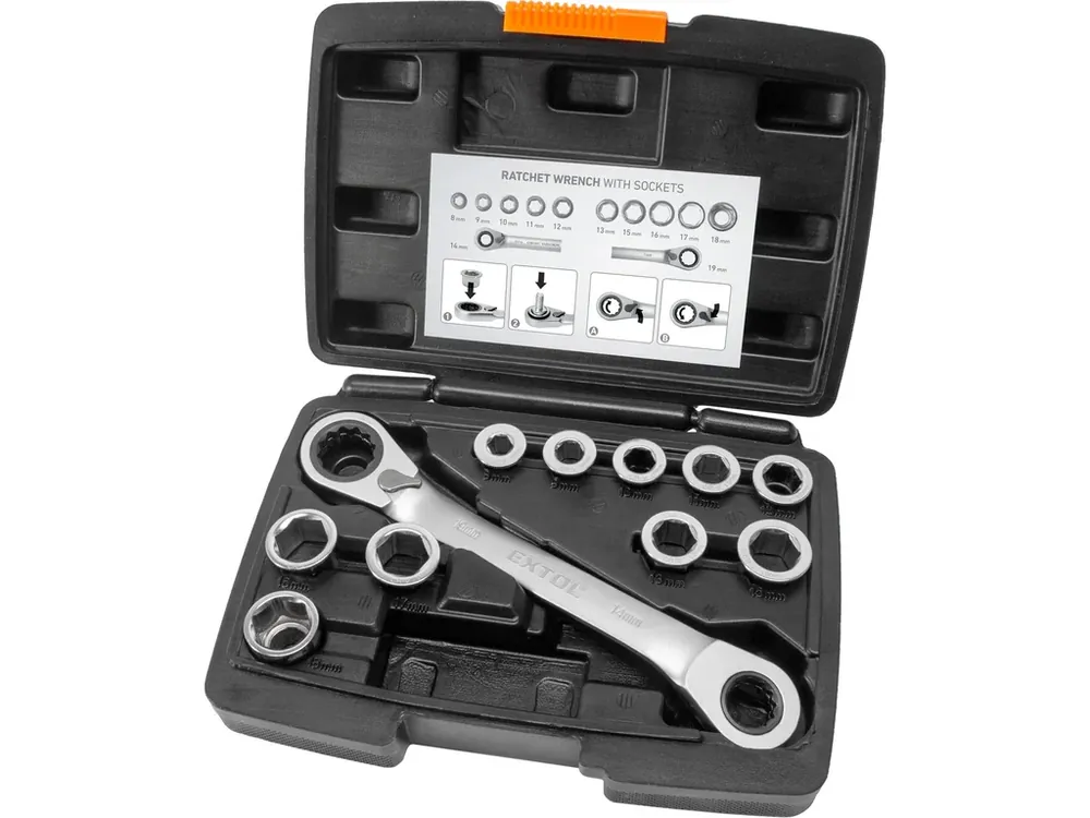 klíč ráčnový tvarovaný a vložky, sada 11ks, 8-19mm, CrV Oblíbený
