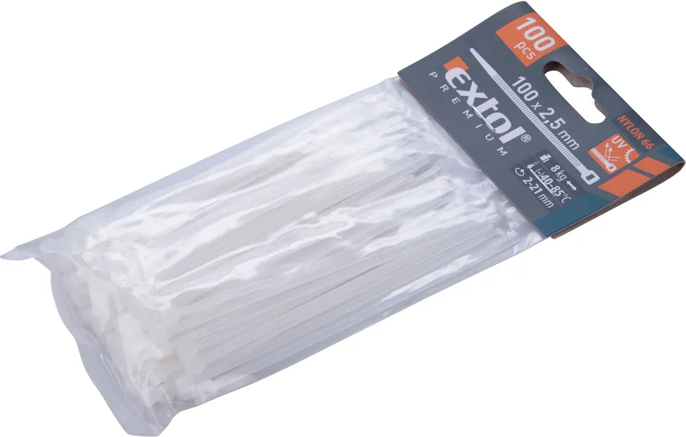 Pásky stahovací na kabely bílé, 100x2,5mm, 100ks, nylon PA66 EXTOL PREMIUM Víkendová Akce