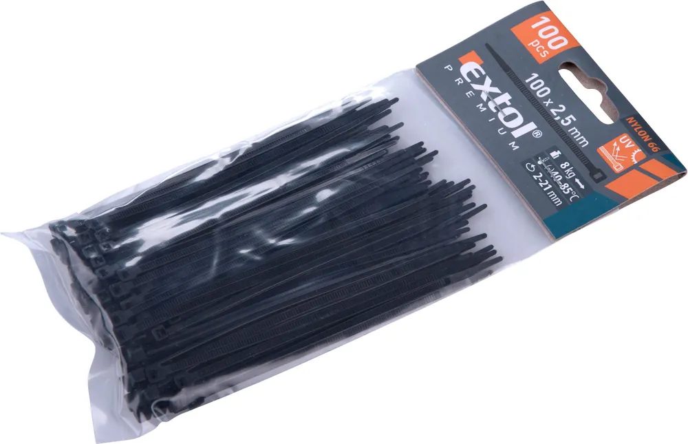 Pásky stahovací na kabely černé, 100x2,5mm, 100ks, nylon PA66 EXTOL PREMIUM Bezpečná Platba