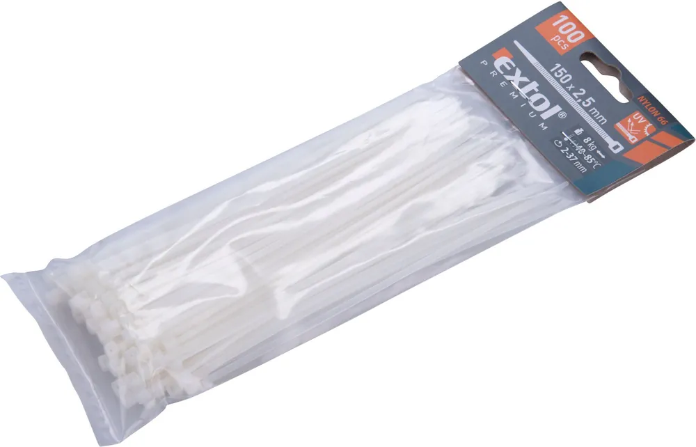 Pásky stahovací na kabely bílé, 150x2,5mm, 100ks, nylon PA66 EXTOL PREMIUM Nová Kolekce