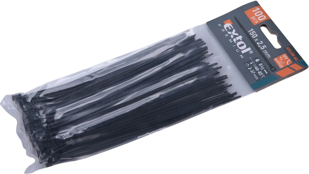 Pásky stahovací na kabely černé, 150x2,5mm, 100ks, nylon PA66 EXTOL PREMIUM Nejlepší Cena