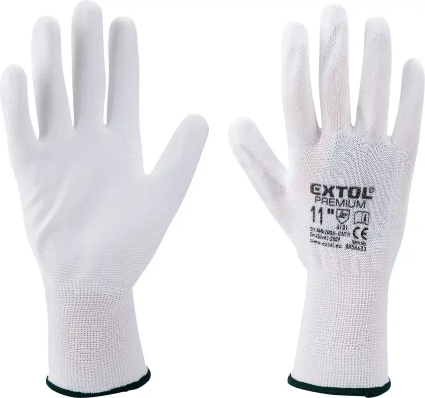 Rukavice z polyesteru polomáčené v PU, bílé, velikost 8" EXTOL PREMIUM Vrácení Zdarma