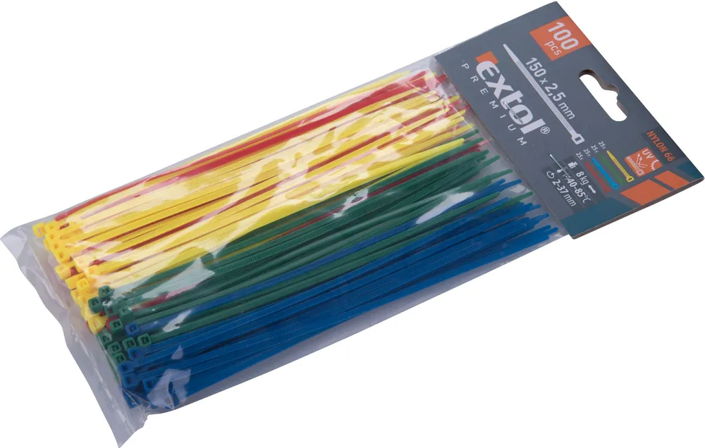 Pásky stahovací barevné, 150x2,5mm, 100ks, 4 barvy, nylon PA66 EXTOL PREMIUM Nízká Cena