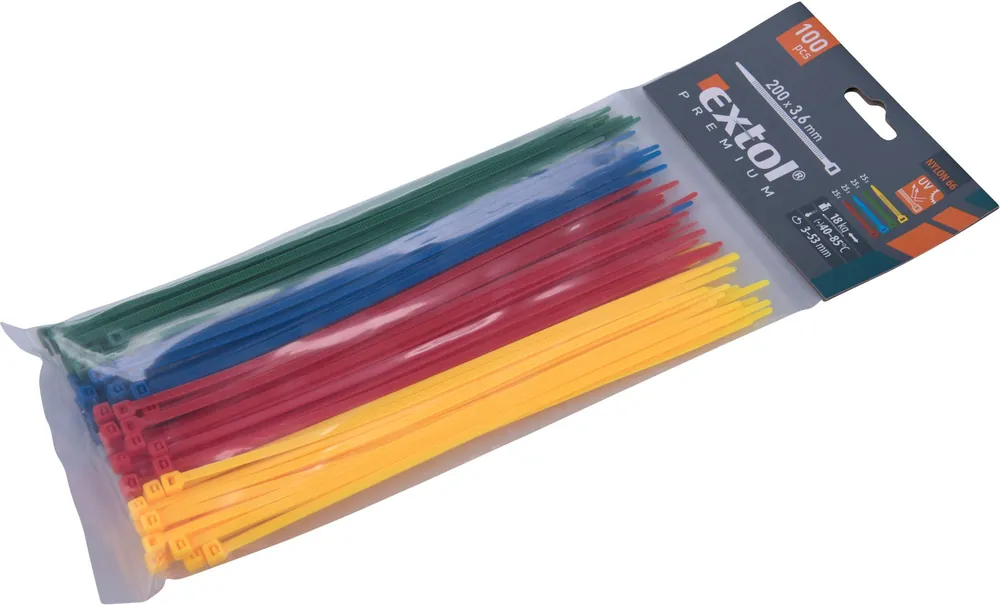 Pásky stahovací barevné, 200x3,6mm, 100ks, 4 barvy, nylon PA66 EXTOL PREMIUM Víkendová Akce