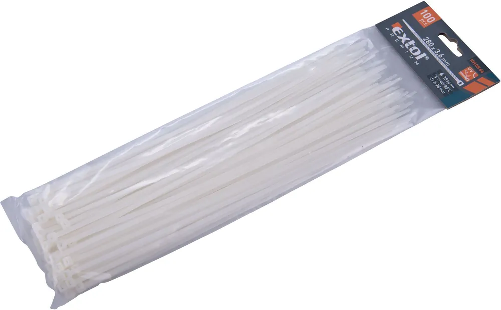 Cenová Bomba Pásky stahovací na kabely bílé, 280x3,6mm, 100ks, nylon PA66 EXTOL PREMIUM