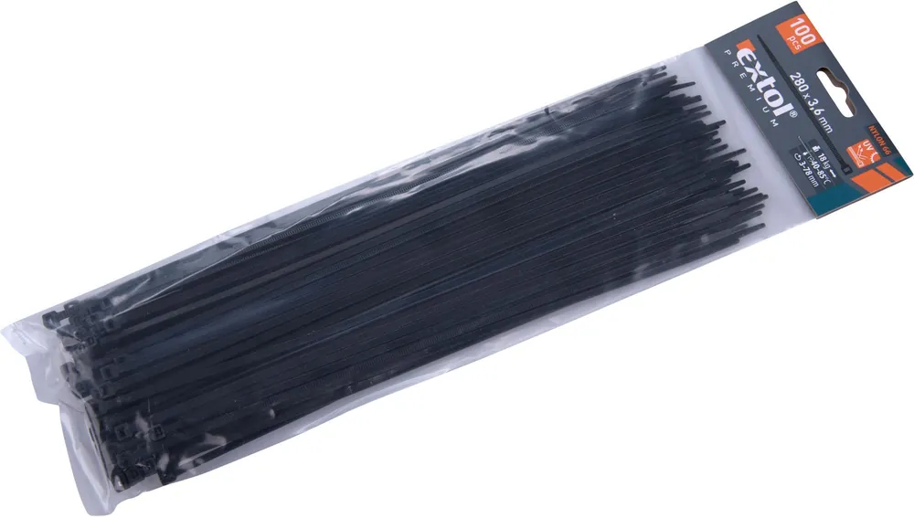 Pásky stahovací na kabely černé, 280x3,6mm, 100ks, nylon PA66 EXTOL PREMIUM Nejlepší Volba