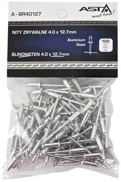 Sleva Trhací nýty hliník-ocel, 4,0 x 12,7 mm, s plochou hlavou, sada 100 ks - ASTA A-BR40127