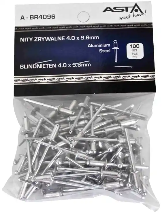Pouze Dnes Trhací nýty hliník-ocel, 4,0 x 9,6 mm, s plochou hlavou, sada 100 ks - ASTA A-BR4096