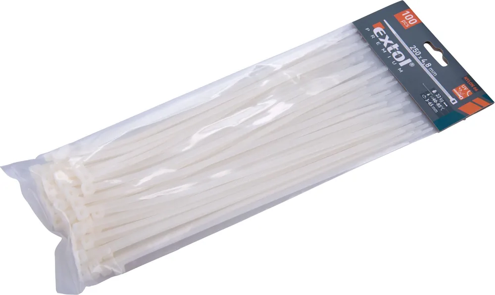 Ověřený Pásky stahovací na kabely bílé, 250x4,8mm, 100ks, nylon PA66 EXTOL PREMIUM