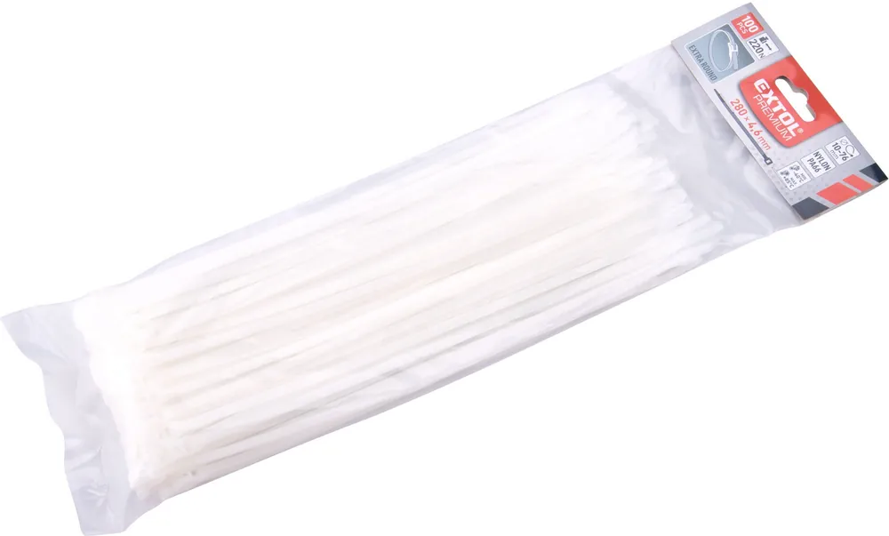 Pásky stahovací na kabely EXTRA, bílé, 280x4,6mm, 100ks, nylon PA66 EXTOL PREMIUM Levný