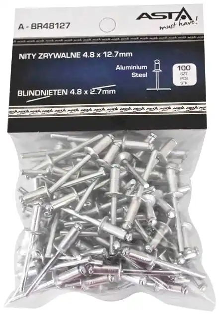 Trhací nýty hliník-ocel, 4,8 x 12,7 mm, s plochou hlavou, sada 100 ks - ASTA A-BR48127 Poslední Šance