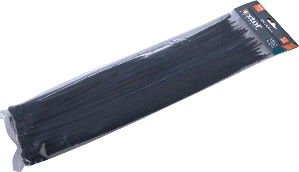 Nakupujte Hned Pásky stahovací na kabely černé, 380x4,8mm, 100ks, nylon PA66 EXTOL PREMIUM