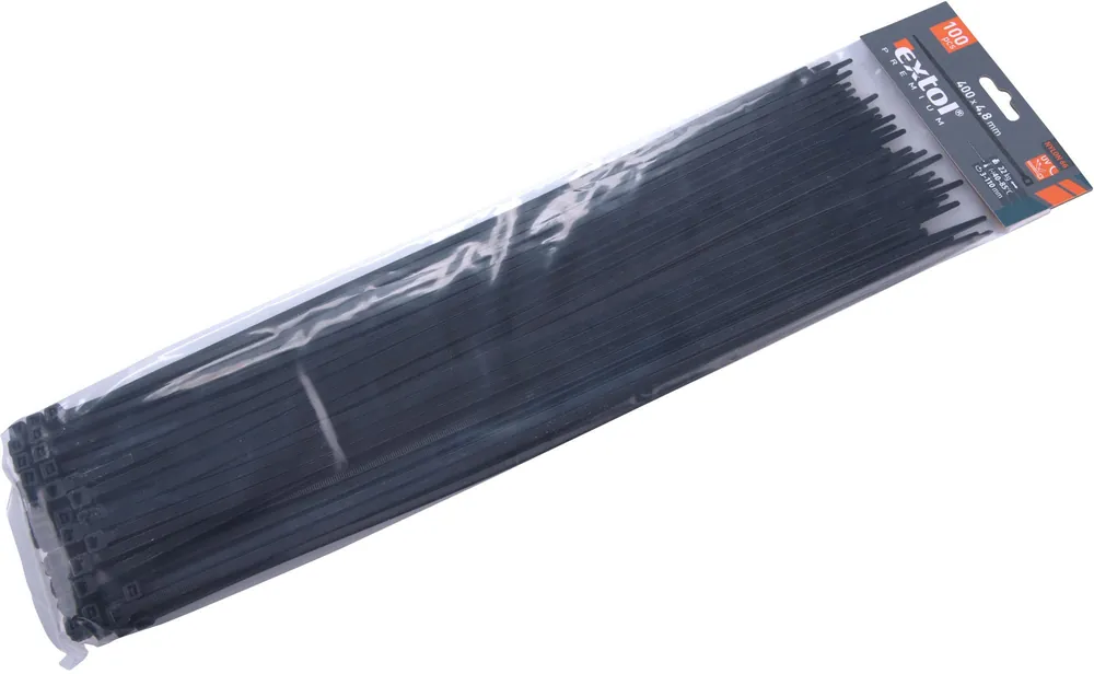 Bezpečná Platba Pásky stahovací na kabely černé, 400x4,8mm, 100ks, nylon PA66 EXTOL PREMIUM