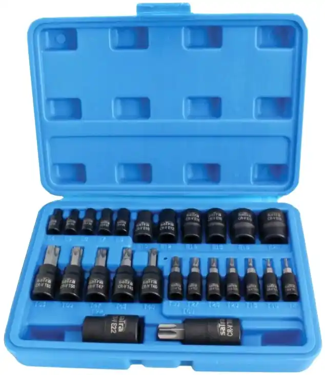 Zástrčné a nástrčné hlavice 1/4", 3/8" a 1/2” TORX a TORX-E, sada 25 ks - SATRA S-H2548T Nejlepší Volba
