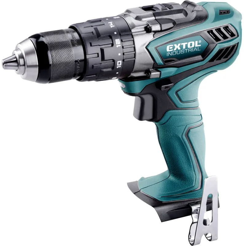Speciální Cena Vrtací šroubovák aku s příklepem, 18V Li-ion, 4 pólový motor, 2000mAh, bez baterie a nabíječky EXTOL INDUSTRIAL