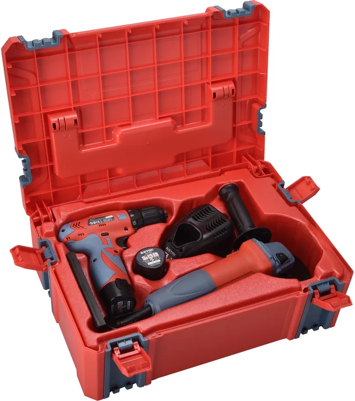 Vrtací šroubovák aku, 12V Li-ion (2x) a bruska úhlová 125mm v plastovém boxu EXTOL PREMIUM Časově Omezené