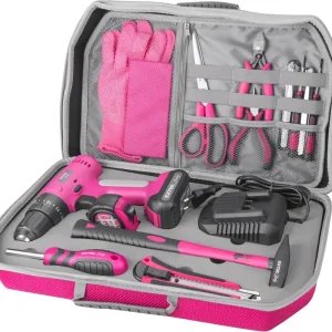 Vrtací šroubovák aku s příklepem, růžový, 12V Li-ion, 2000mAh, v kufru s nářadím, sada 27ks EXTOL LADY Super Cena