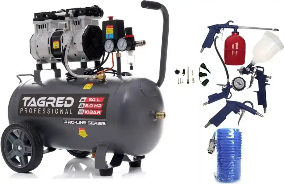 Víkendová Akce AKČNÍ SET SETTA3384M, Bezolejový kompresor s odlučovačem 50l, 230V, 2 písty, 2000W 10 BAR + příslušenství