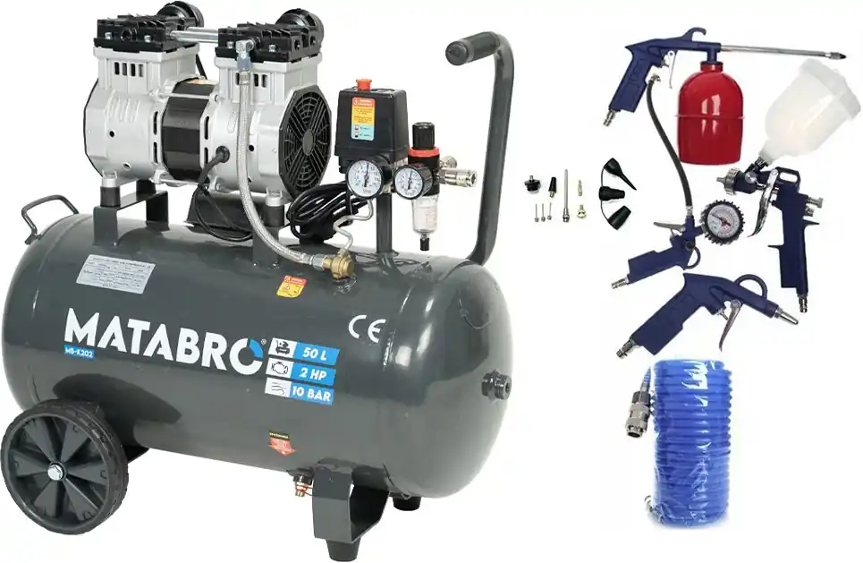 Nejlepší Volba AKČNÍ SET SETMB-K202, Bezolejový kompresor 50l, 230V, 2 písty s příslušenstvím 2000W Matabro