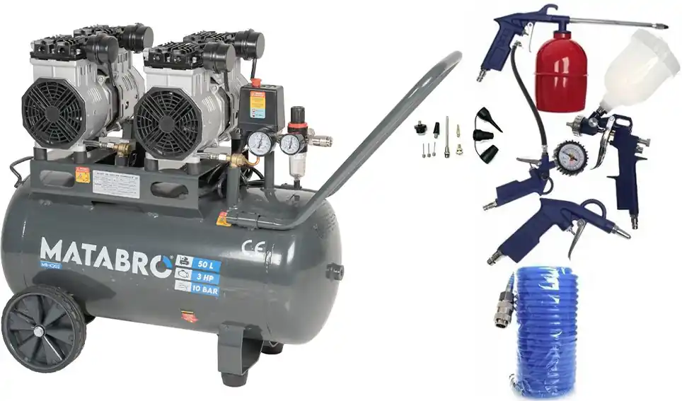 AKČNÍ SET SETMB-K203, Bezolejový kompresor 50l, 230V, 4 písty s příslušenstvím 2x1500W Matabro Aktuální