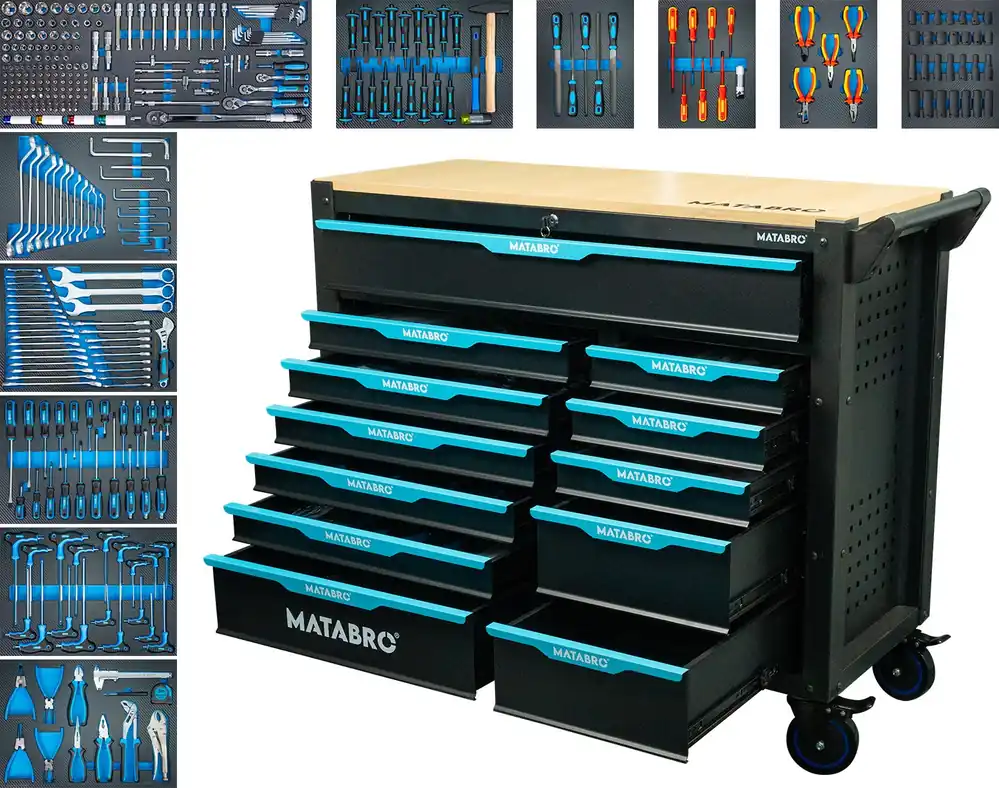 Matabro MB-TC06, Dílenský vozík s nářadím 12 zásuvek Modrý 360 ks Nakupujte Hned