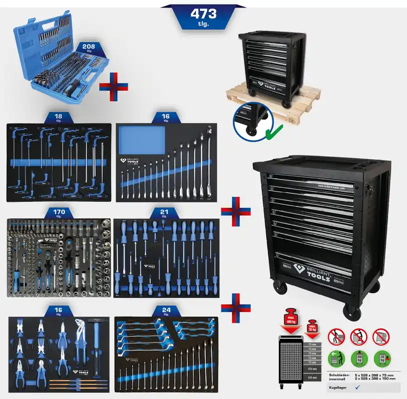 Dílenský vozík se 7 zásuvkami a 473 ks nářadí BRILLIANT Tools BT153473 Vysoce Kvalitní