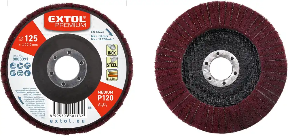 Kup Teď EXTOL PREMIUM kotouč z korundového brusného rouna kombinovaný, celoobvodový, O 125x15mm, P120-střední hrubost - 8803391