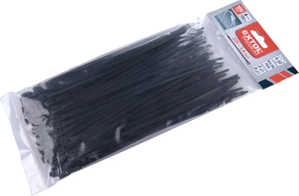 Pásky stahovací na kabely EXTRA, černé, 200x3,6mm, 100ks, nylon PA66 EXTOL PREMIUM Kup Teď