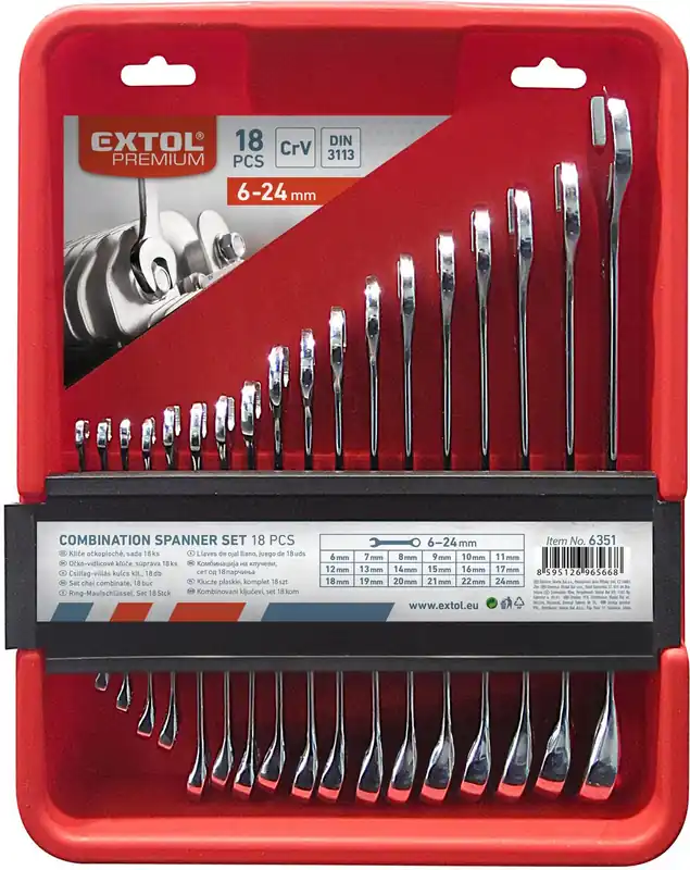 Klíče očkoploché, sada 18ks, 6-24mm, CrV EXTOL PREMIUM Levný