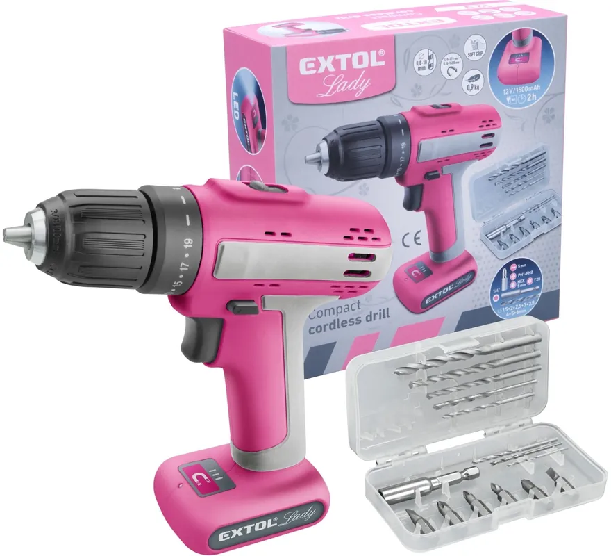Vrtací šroubovák aku, růžový, 12V Li-ion, 1500mAh EXTOL LADY Časově Omezené