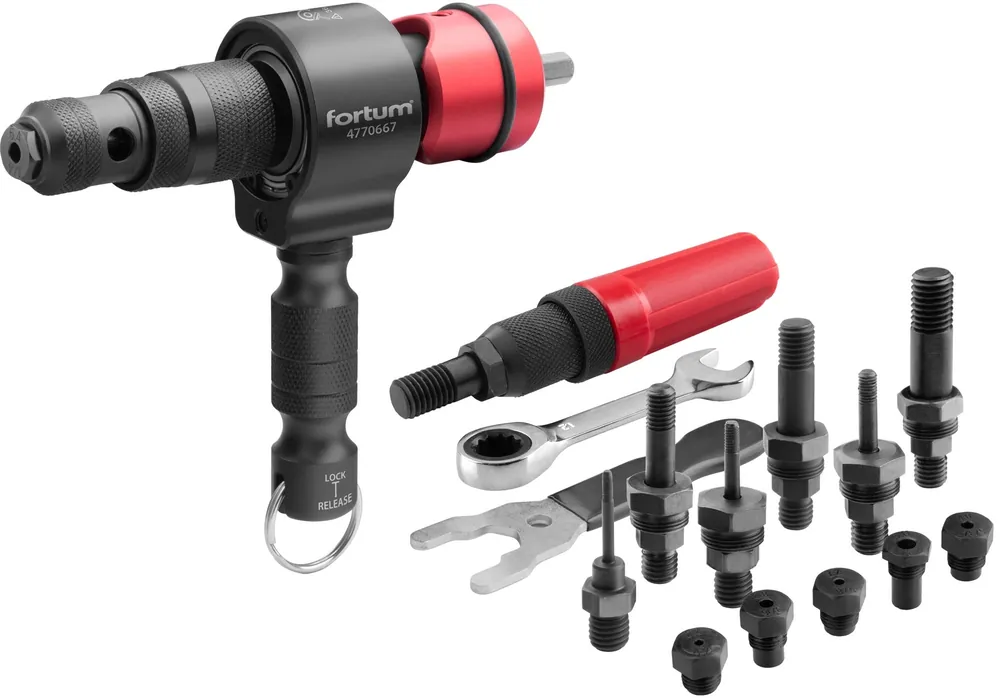 Nástavec nýtovací na vrtačku T-COMBO, sada pro matice M3-M12 i trh. nýty 2,4-6,4mm, CrMoV FORTUM Akční Cena