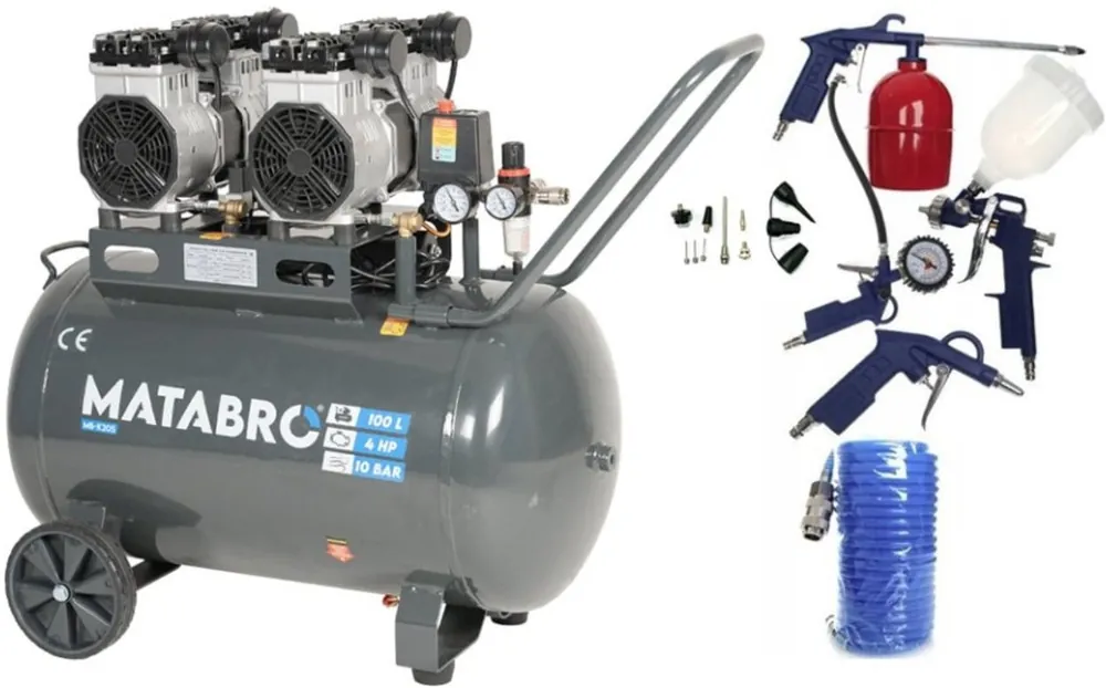 AKČNÍ SET SETMB-K205, Bezolejový kompresor 100l, 230V, 4 písty s příslušenstvím 4000W Matabro Víkendová Akce
