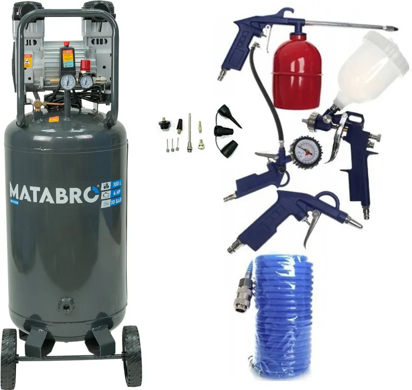Nakupujte Hned AKČNÍ SET Matabro MB-K208, Bezolejový vertikální kompresor 100l, 230V, 2 písty, s příslušenstvím 3000W 10 BAR