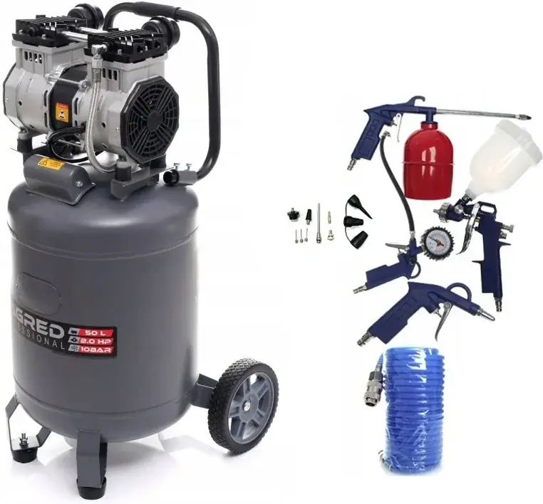 AKČNÍ SET SETTA3396M, Bezolejový vertikální kompresor 50l, 230V, 2 písty, 2000W 10 BAR + příslušenství Jen Po Omezenou Doba