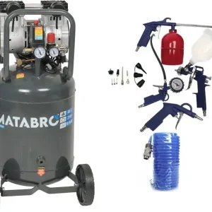 AKČNÍ SET SETMB-K207, Bezolejový vertikální kompresor 50l, 230V, 2 písty, s příslušenstvím 2000W 10 BAR Matabro Omezená Nabídka