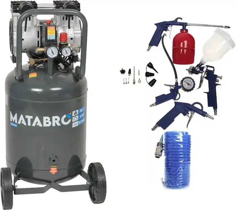 AKČNÍ SET SETMB-K207, Bezolejový vertikální kompresor 50l, 230V, 2 písty, s příslušenstvím 2000W 10 BAR Matabro Omezená Nabídka