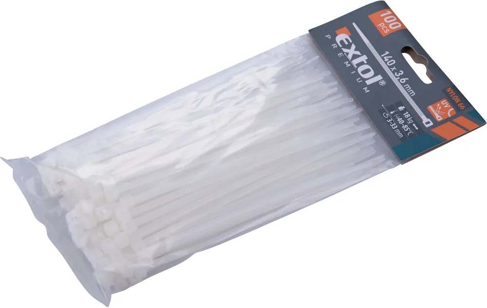 Poslední Šance Pásky stahovací na kabely bílé, 140x3,6mm, 100ks, nylon PA66 EXTOL PREMIUM