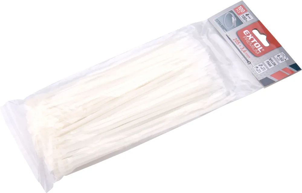 Ověřený Pásky stahovací na kabely EXTRA, bílé, 205x3,6mm, 100ks, nylon PA66 EXTOL PREMIUM