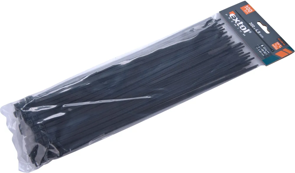 Tovární Cena Pásky stahovací na kabely černé, 300x4,8mm, 100ks, nylon PA66 EXTOL PREMIUM