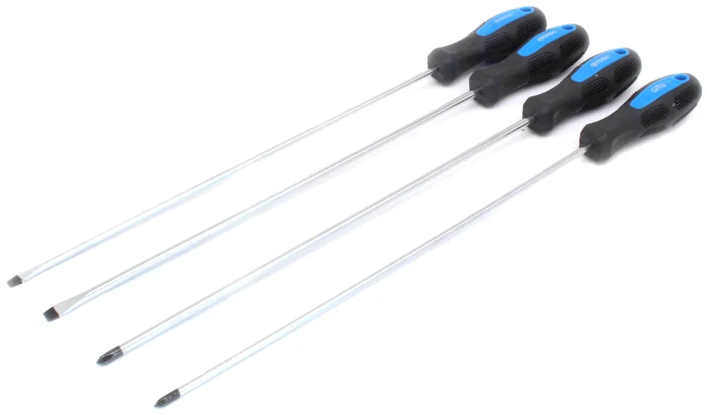 Šroubováky extra dlouhé 450 mm, ploché 5 a 6 mm, křížové PH1 a PH2, sada 4 ks - SATRA S-4SSG Levný