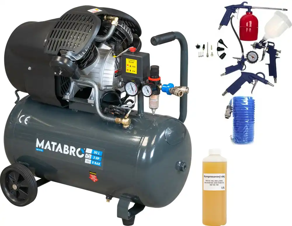Odeslání Ihned AKČNÍ SET SETMB-K106, Olejový kompresor 50l, 230V s odlučovačem a příslušenstvím 3500W Matabro