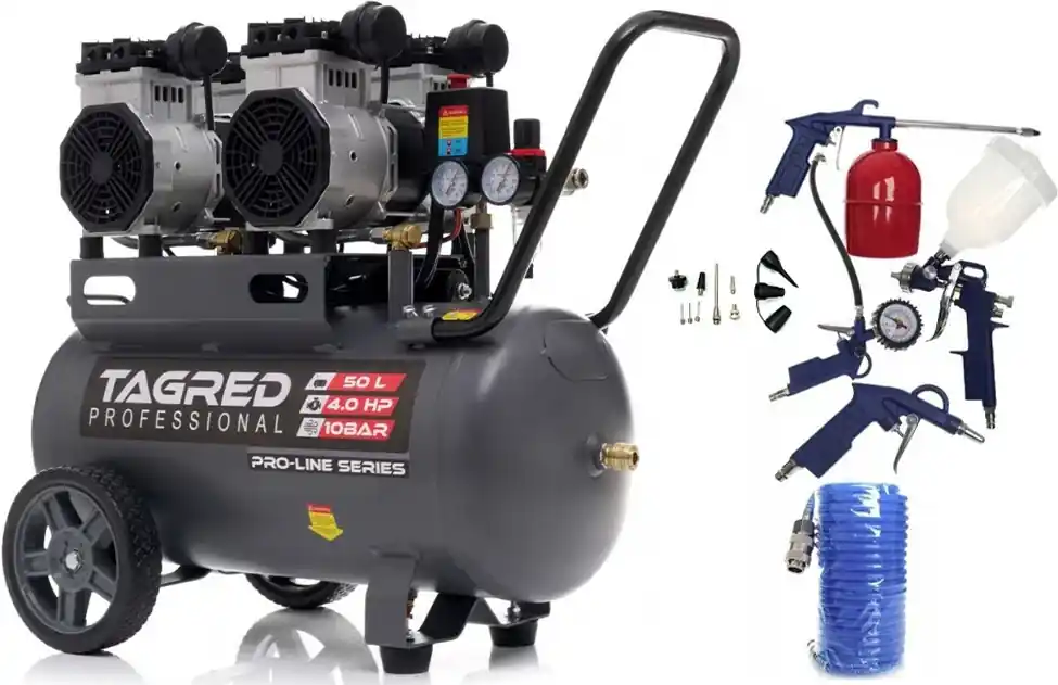 Hit Sezóny AKČNÍ SET SETTA3386M, Bezolejový kompresor s odlučovačem 50l, 230V, 4 písty, 4000W 10 BAR + příslušenství