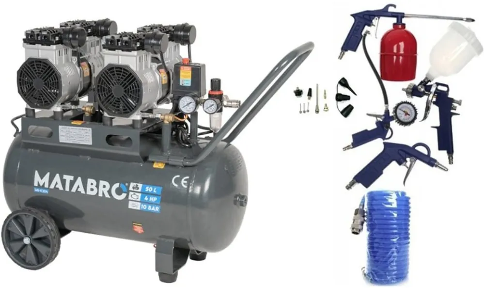 Nejlepší Cena AKČNÍ SET SETMB-K204, Bezolejový kompresor 50l, 230V, 4 písty s příslušenstvím 4000W Matabro