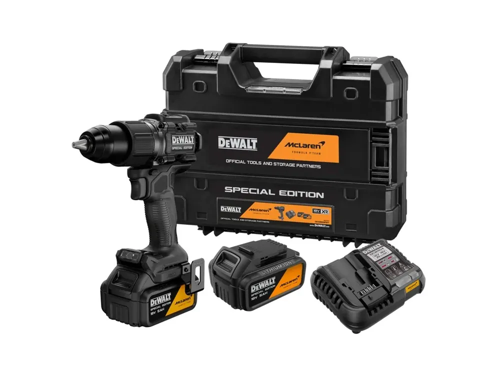 Aktuální Aku bezuhlíková příklepová vrtačka 18V 5,0Ah Li-Ion McLaren edice DCD86MP2T DeWALT