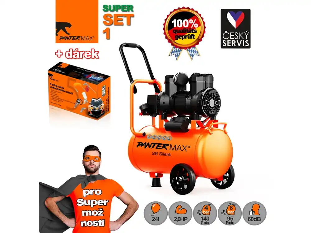 Tovární Cena PANTERMAX® Super tichý bezolejový kompresor AirFlow® 26 SILENT SET1