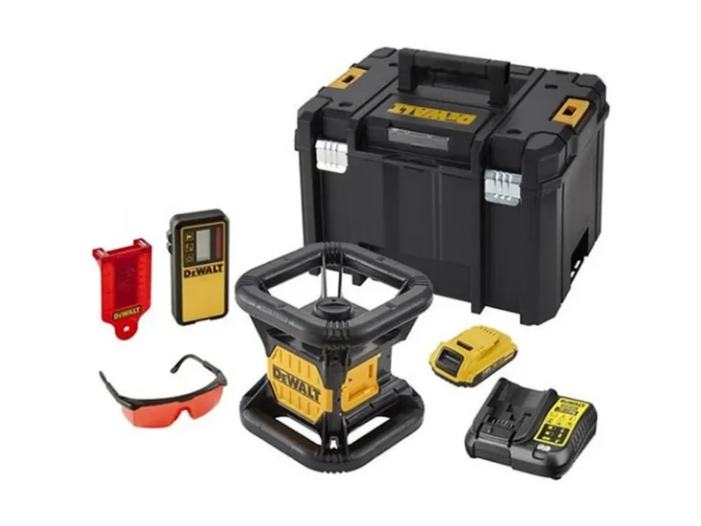 Přímo Od Výrobce DeWALT DCE074D1R-QW 18V samonivelační horizontální rotační laser s horní olovnicí, manuální nastavení sklonu +-10°, dosah 45/457 m, přesnost +/-3mm/30m, 1 x 18 V 2,0 Ah akumulátor
